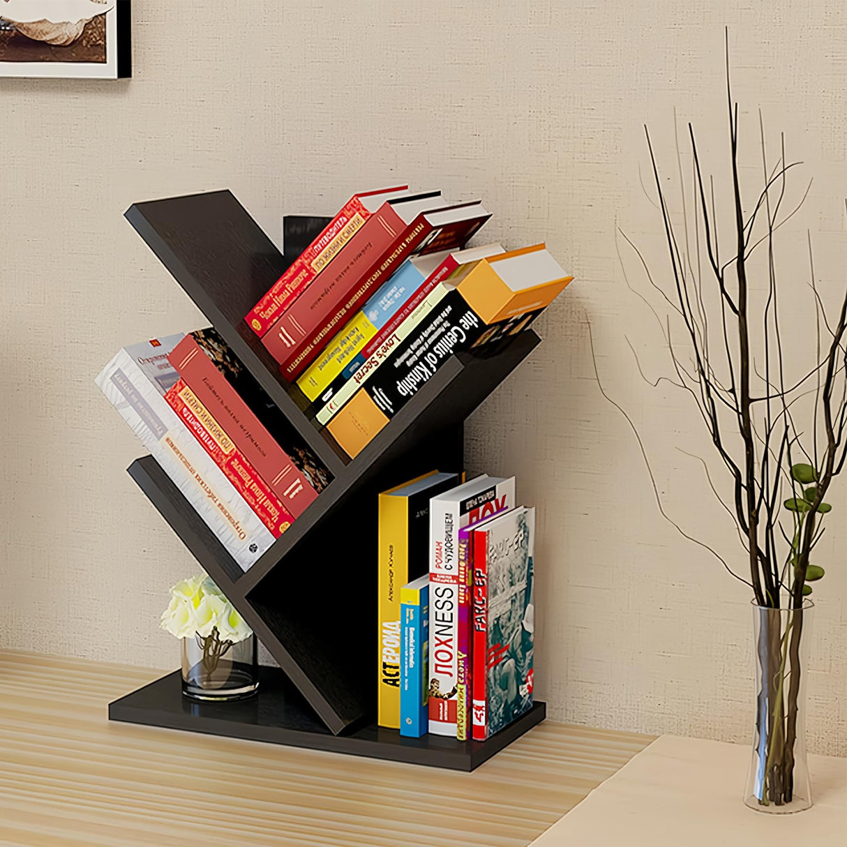Godferyxin Book Tree Bookshelf, 3-Tier Wood Bookshelf Tree Bookcase for Displaying Books, CDs, Magazines and More at Office, Home or School