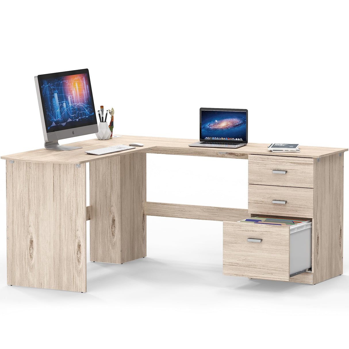 Shaped Home Office Wood Corner Desk with 3 Drawers, Maple