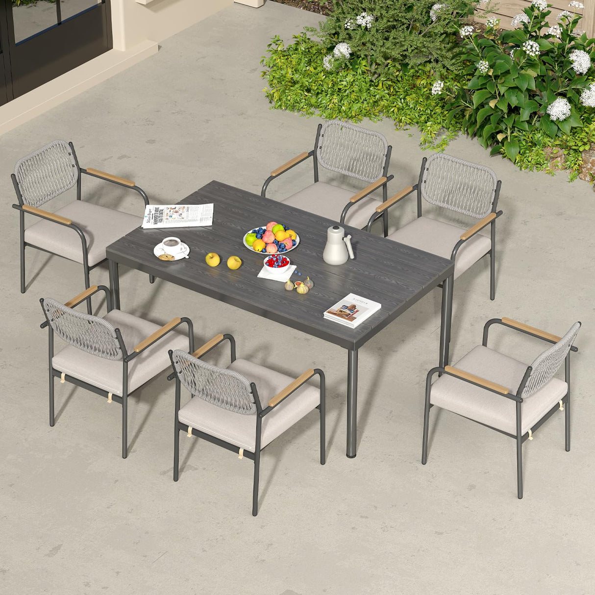 7 Pieces Patio Dining Set, Wicker Outdoor Dining Chairs with Rectangular Table