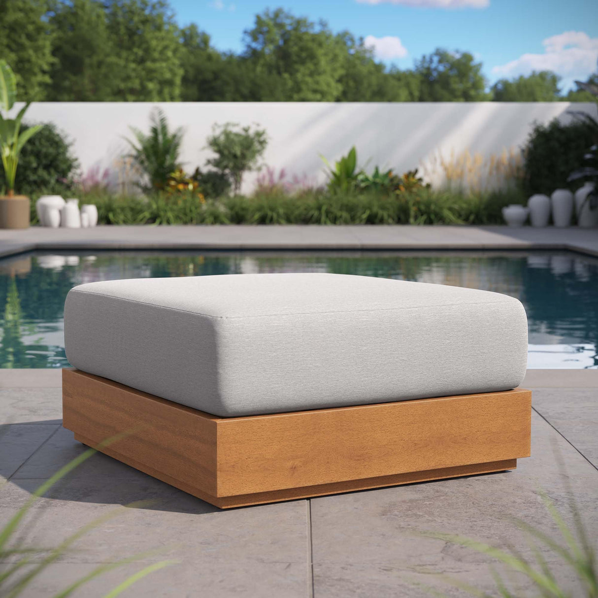 Tahoe Acacia Wood Outdoor Ottoman in Natural Light Gray