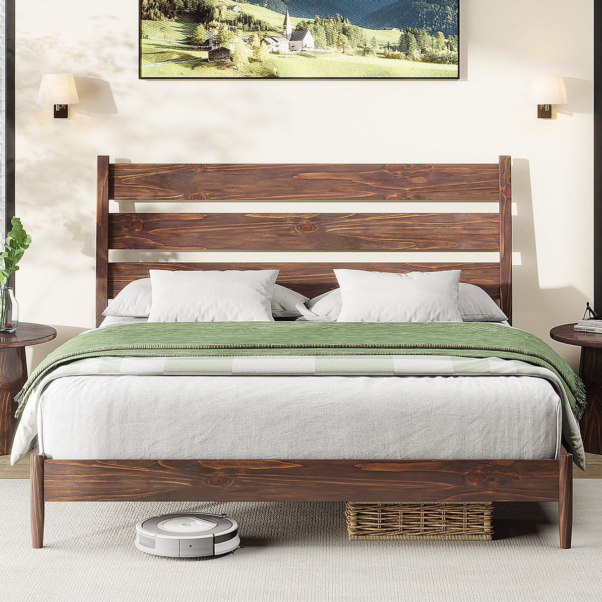 Solid Wood Bed Frame with Ergonomic Headboard, Full Size Mid Century Wooden