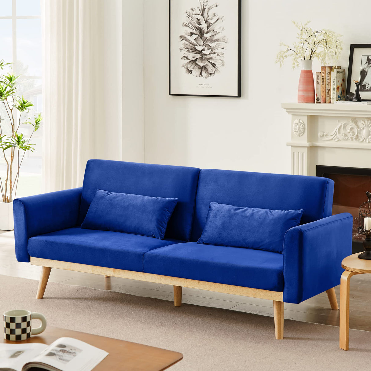 Blue Futon Sofa Bed, Velvet Convertible Sofa Couch Sleeper with Wood Legs & 2 Pillows