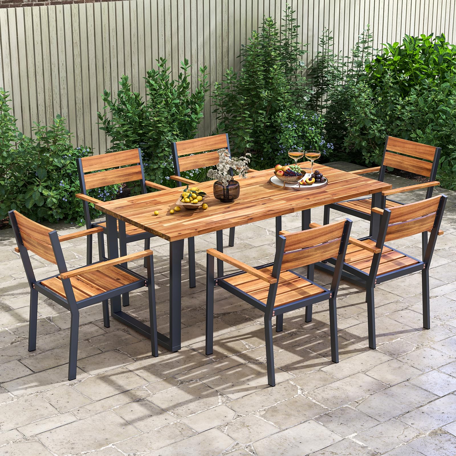 6 Heavy Duty Acacia Armrest Chairs and Rectangle Table Set, Suitable for Deck Lawn Garden Poolside and Backyard