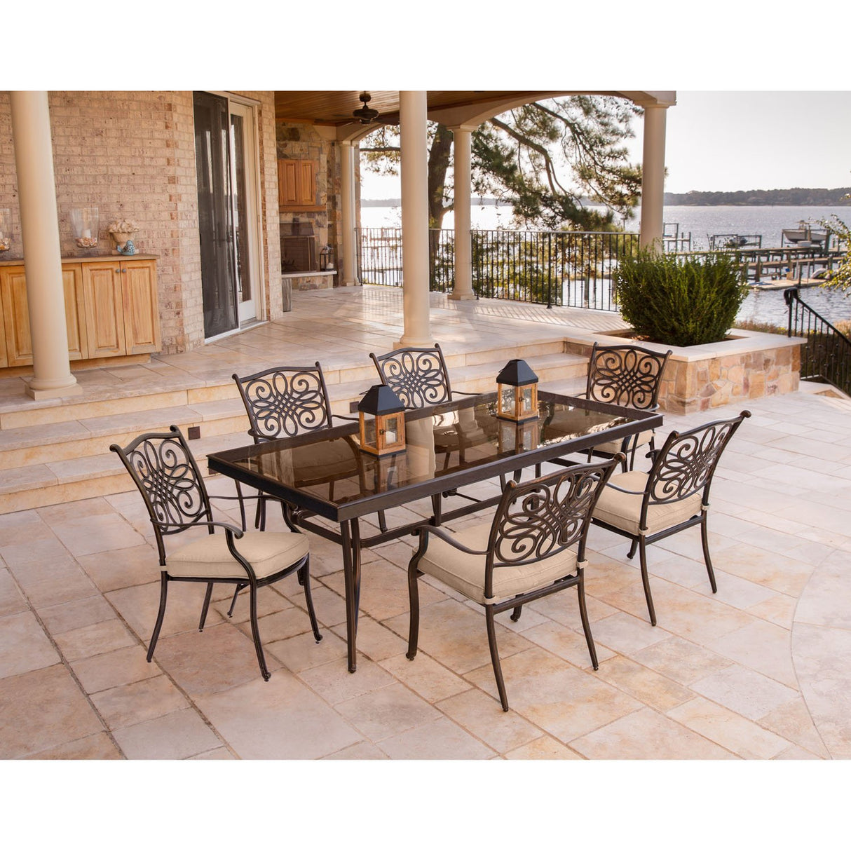 7-Piece Outdoor Dining Set with 6 Stationary Chairs, 6 Weather Resistant Cushions