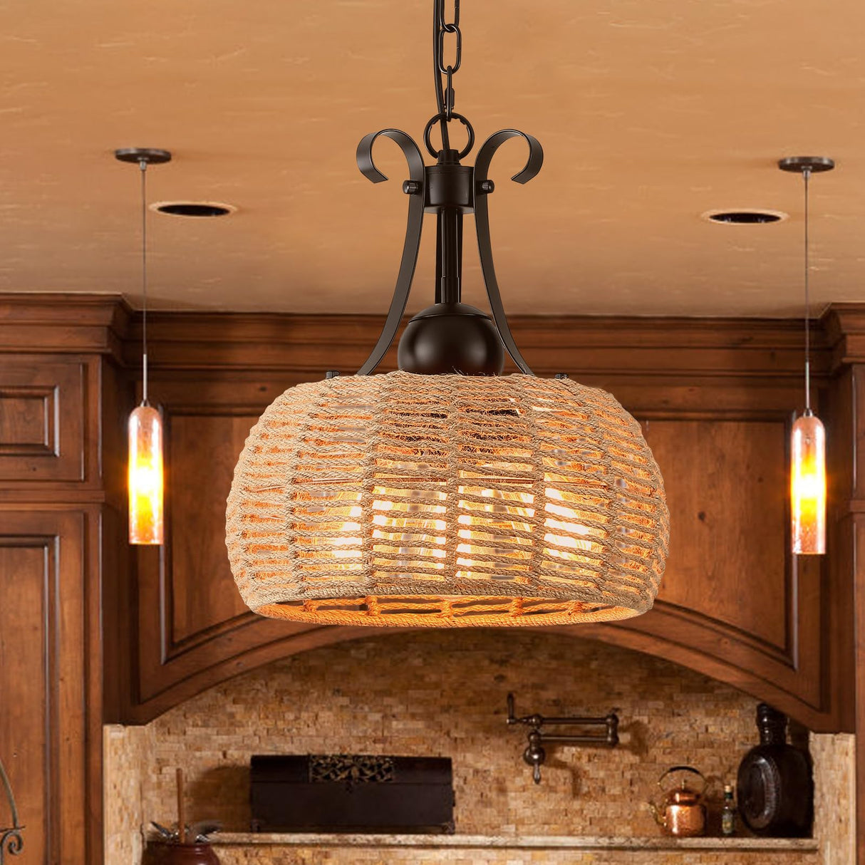 ZSYSZM 12.6”Boho Large Light Fixture,3-Lights Farmhouse Chandelier for Dining Room,Coastal Wicker Chandeliers,Rattan Pendant Light Kitchen Island,Rustic Chandelier Over Table,Bedroom,Hallway, Foyer