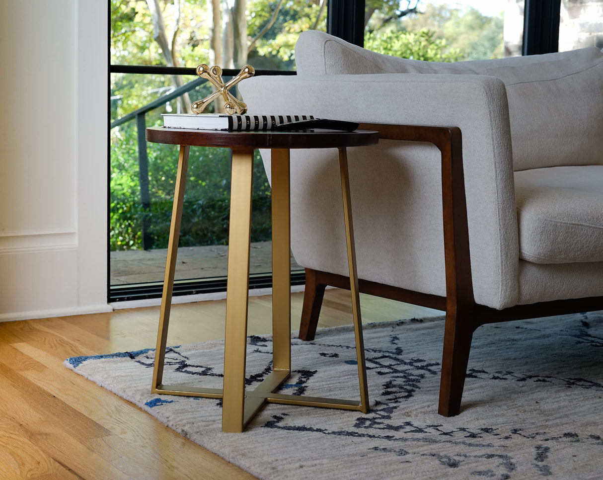 Ross Round Wooden Tabletop with Sleek Metal Base Side Table, Brass and Dark Brown
