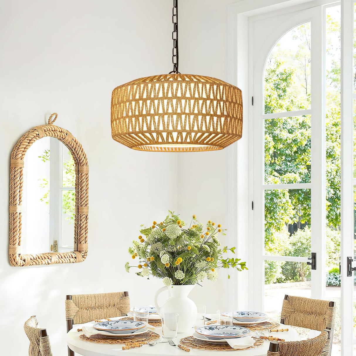 Farmhouse Chandelier Light Fixture, 5-Light Rattan Boho Chandeliers for Dining Room