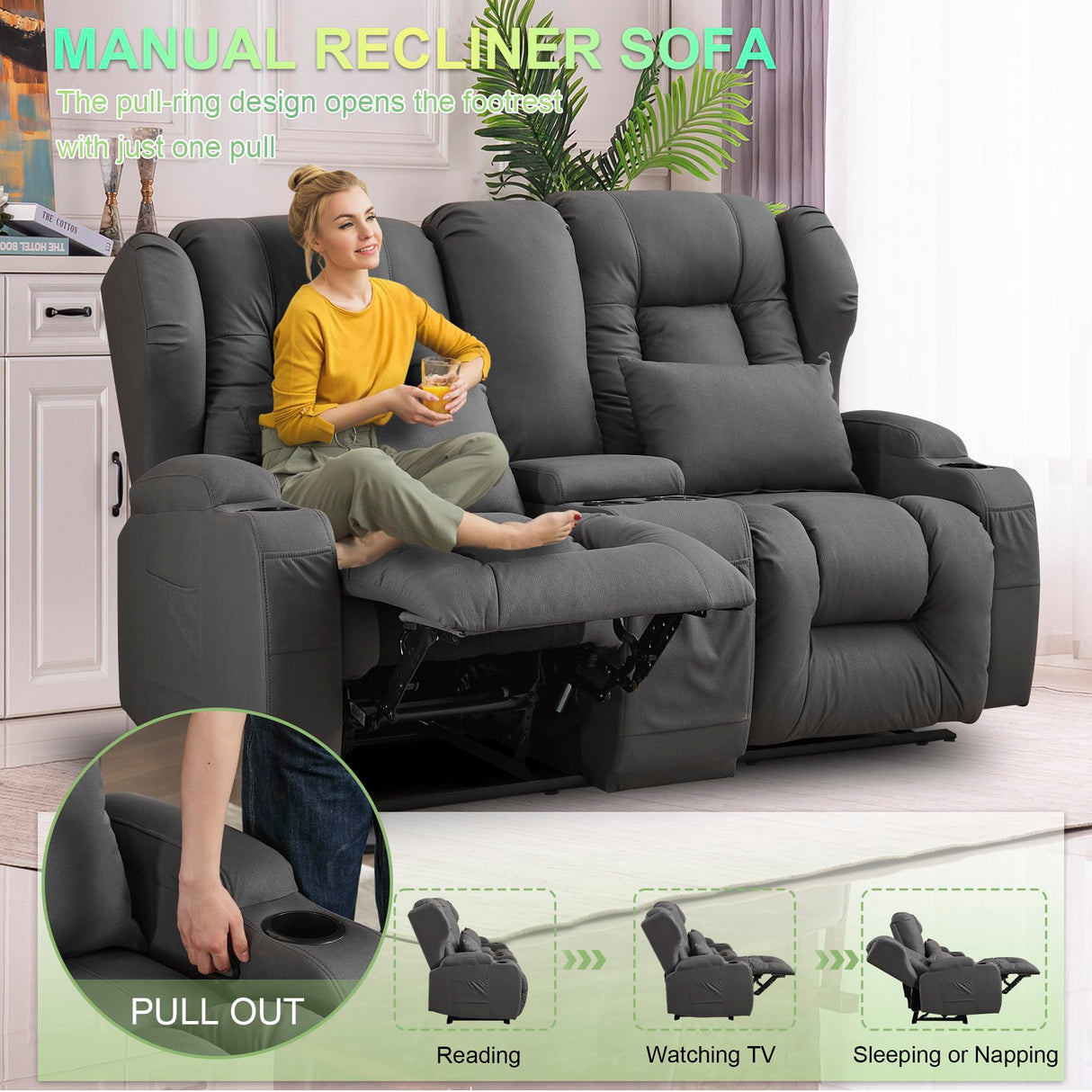 CozyNest 65" Dual Recliner Loveseat Sofa – Manual Recline, Console Storage