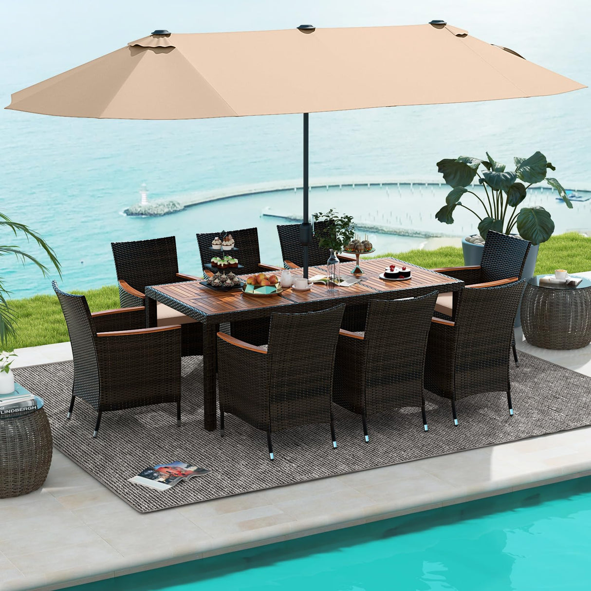 10 Piece Patio Rattan Dining Set with 15Ft Double-Sided Umbrella