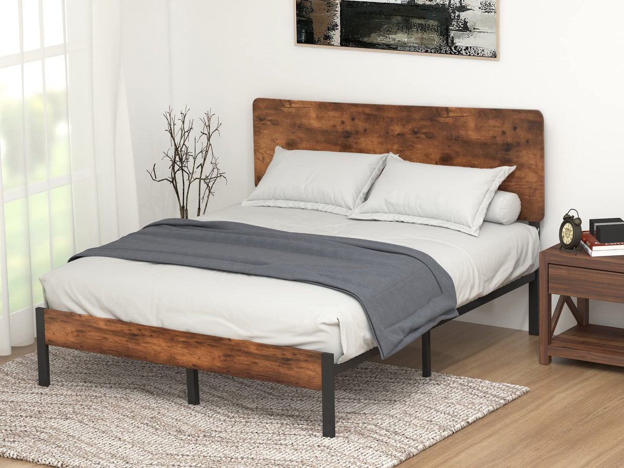 Bed Frame with Wood headboard and Metal Slats/Rustic Country Style Mattress Foundation