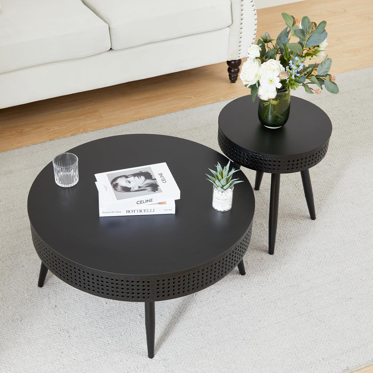Modern Farmhouse Round End Table Set of 2,Iron Rattan Coffee Table