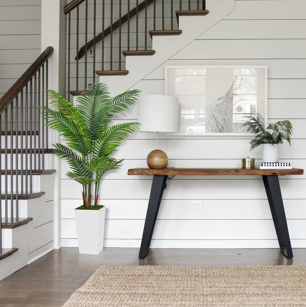 ASTIDY Artificial Palm Tree 5FT - Fake Tree with White Tall Planter - Faux Tropical Areca Floor Plant in Pot - Artificial Silk Plant for Home Office Living Room Decor Indoor