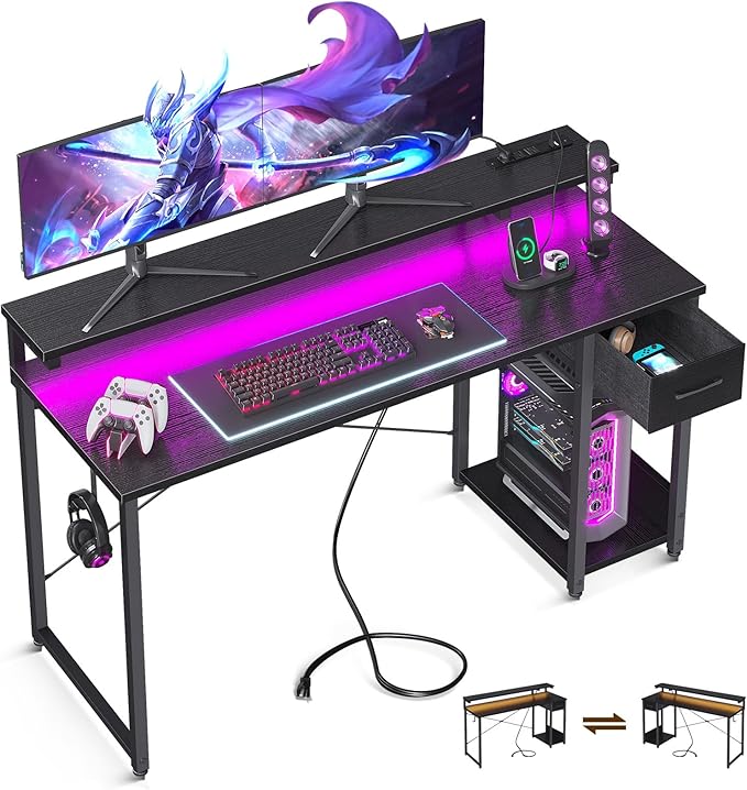 Gaming Desk with LED Lights & Power Outlet, 40 Inch Computer Desk with Drawer