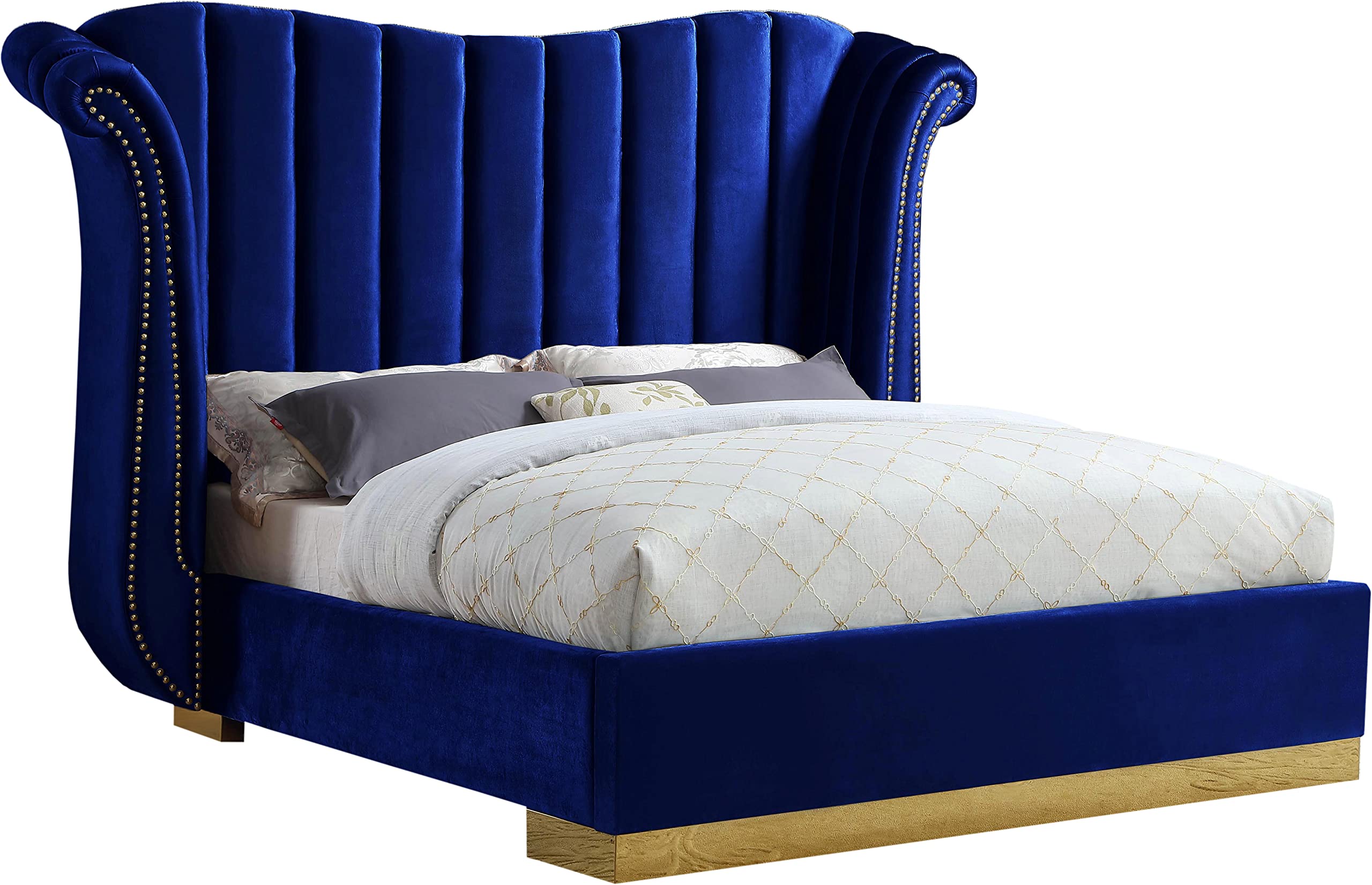 Flora Collection Modern | Contemporary Velvet Upholstered Bed Nailheads, Deep Channel Tufting and Gold Metal Base, King, Blue
