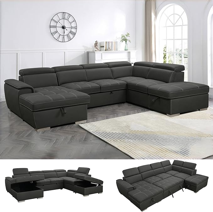 98'' Microfiber L-Shape Sectional Sleeper Couch with Pull-Out Bed, 4-Seater Sofa
