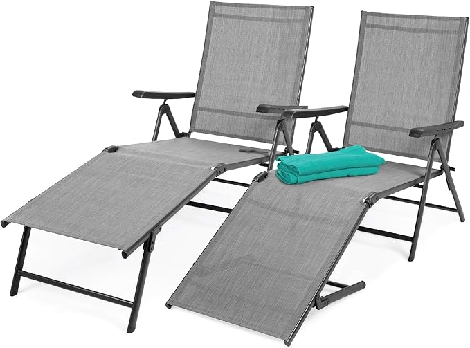 Set of 2 Outdoor Patio Chaise Lounge Chair Adjustable Reclining Folding Pool Lounger for Poolside, Deck, Backyard w/Steel Frame, 250lb Weight Capacity - Sky Blue