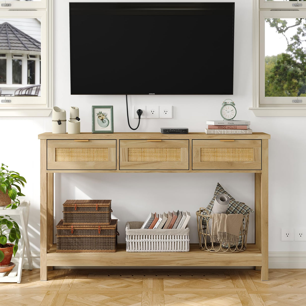 Rattan Console Table Boho Entryway Table Narrow Long Sofa Table Hallway Foyer Table Behind Couch Table with 3 Drawers and Open Storage Shelf for Living Room and Corridor Natural Wood
