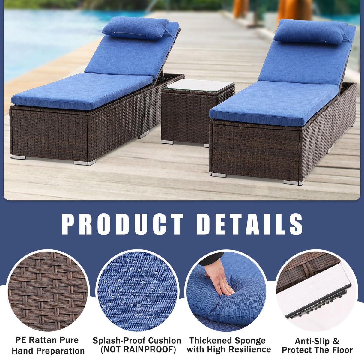 Outdoor Patio Chaise Lounge Chairs, 5-Level Adjustable Rattan Pool Lounger, All Weather Lounge Chair with Coffee Table & Thicken Cushion, for Patio, Backyard, Porch, Garden, Beach, Poolside (3 Pcs)