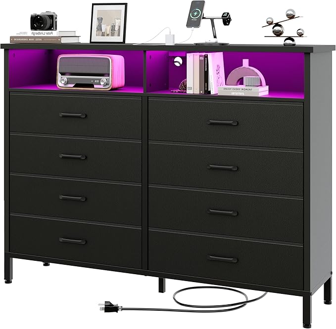 for Bedroom Led Bedroom Dresser with Charging Station, Tall Dresser with 8 Fabric Chest