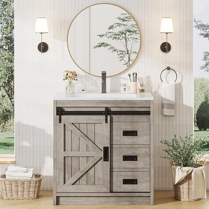 Sliding Barn Door Bathroom Vanity with Sink, 31in Farmhouse Bathroom Vanity Cabinet