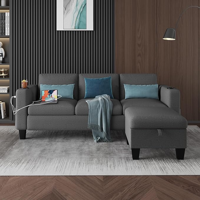 Convertible L-Shape Linen Sofa with USB, Cup Holders & Storage
