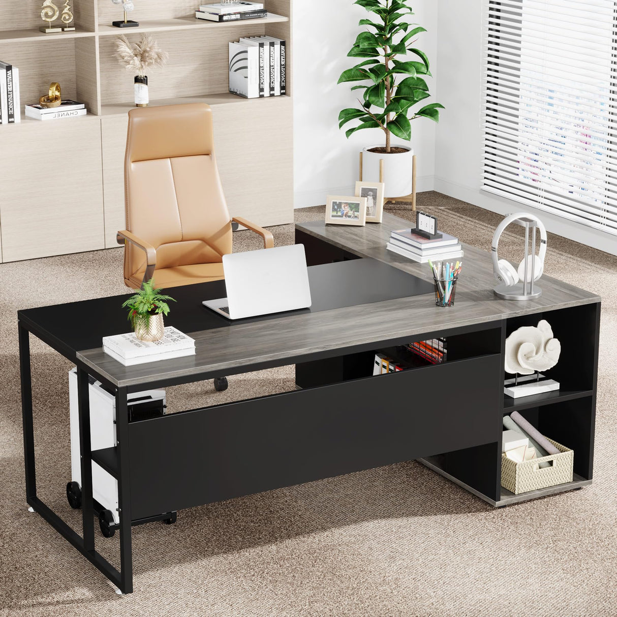 Large Executive Desk with File Cabinet, 71 inch L Shaped Computer Desk Office Desk