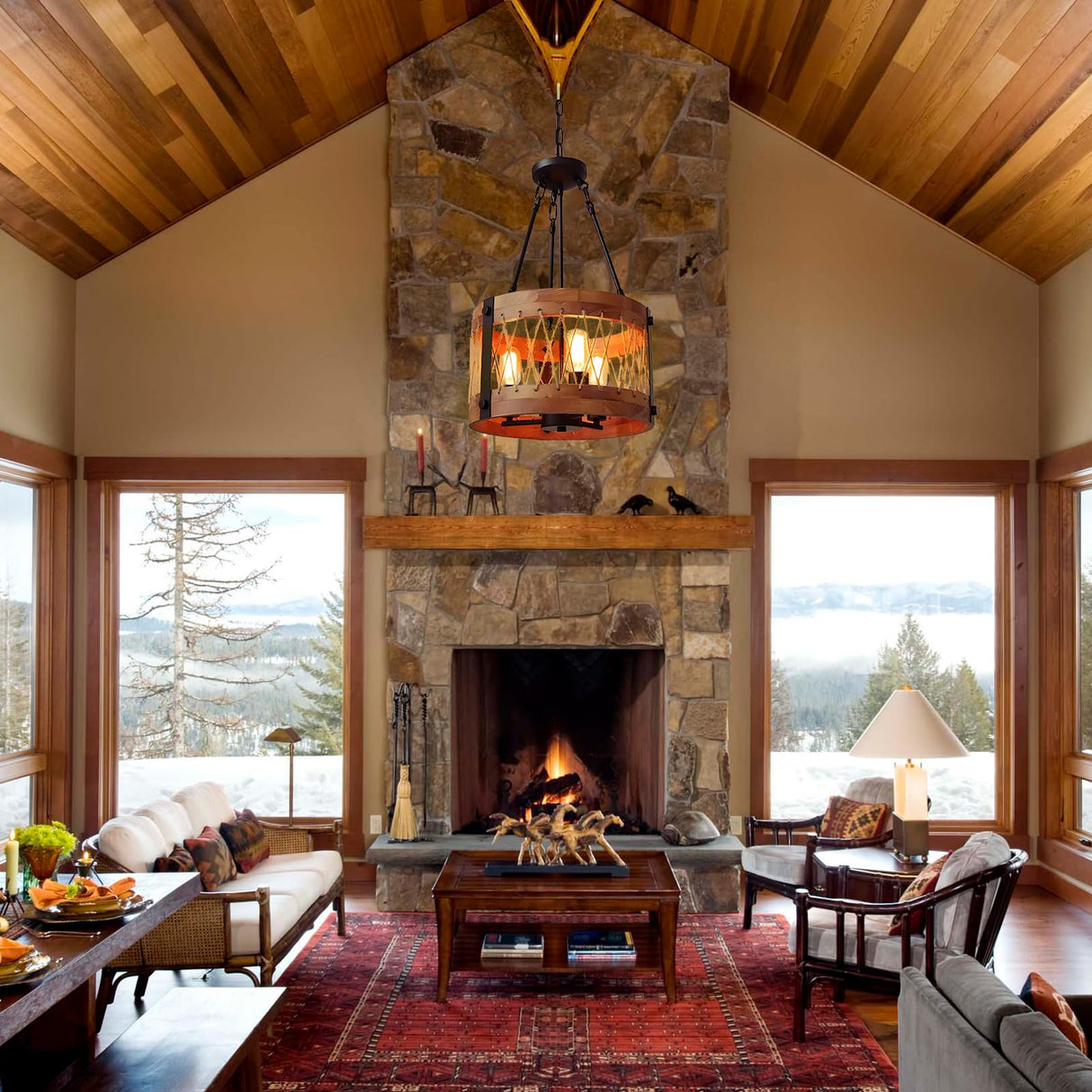 3-Light Farmhouse Drum Chandelier for Dining Room, 83.5" Height Adjustable