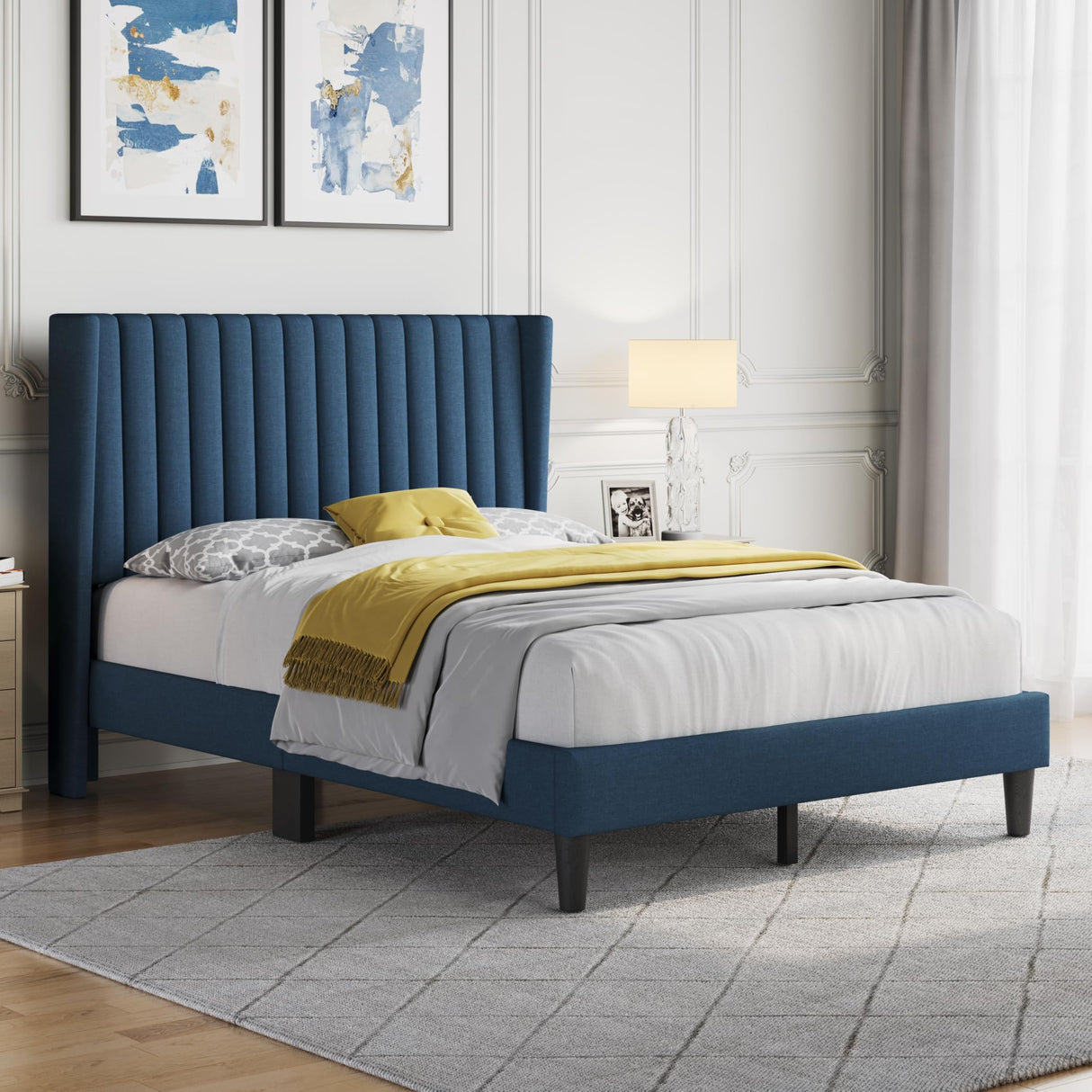 Full Size Upholstered Platform Bed Frame with Tufted Wingback Headboard