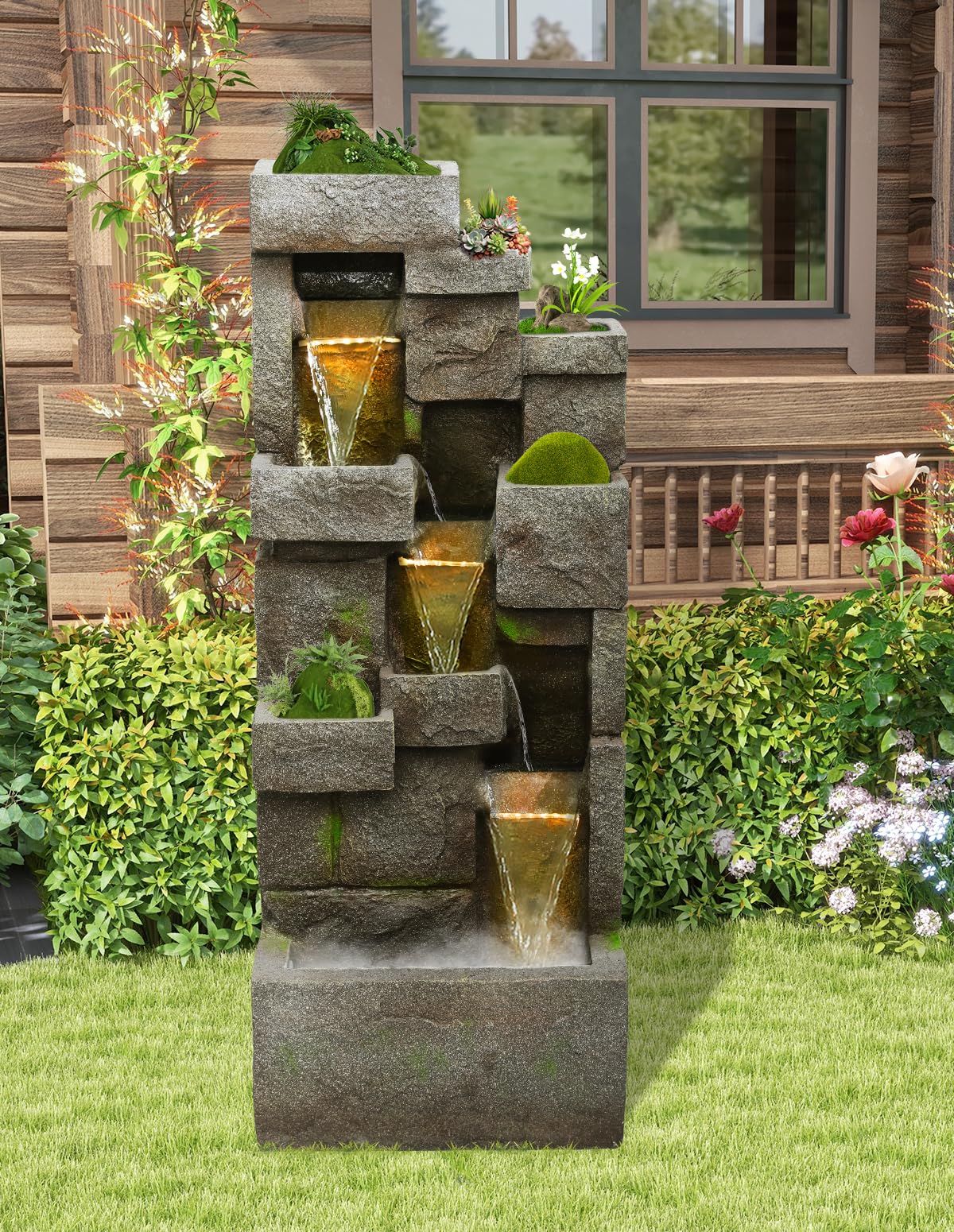 41.7" Outdoor Water Fountain Modern Floor-Standing Garden Tall 3 Tier Waterfall Fountain