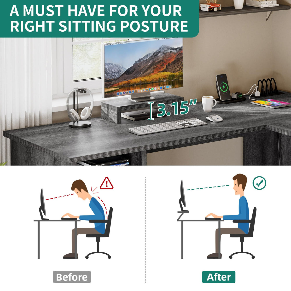 PowerMax 60” L-Shaped Computer Desk with USB & Power Outlets