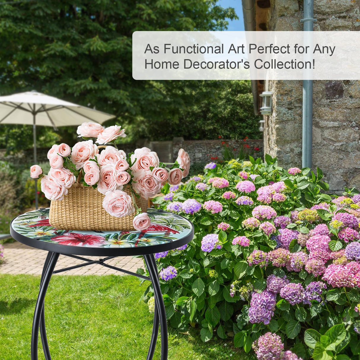 VCUTEKA Patio Side Table Outdoor Accent Table Small Mosaic Table Coffee Table End Table Porch Table Indoor Outdoor Round Glass Balcony Bistro Plant Stands Three Flamingos 14 inches - Bircata