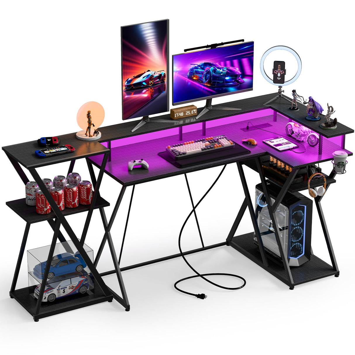 47 inch Gaming Desk with LED Lights & Power Outlets, Corner Computer Desk