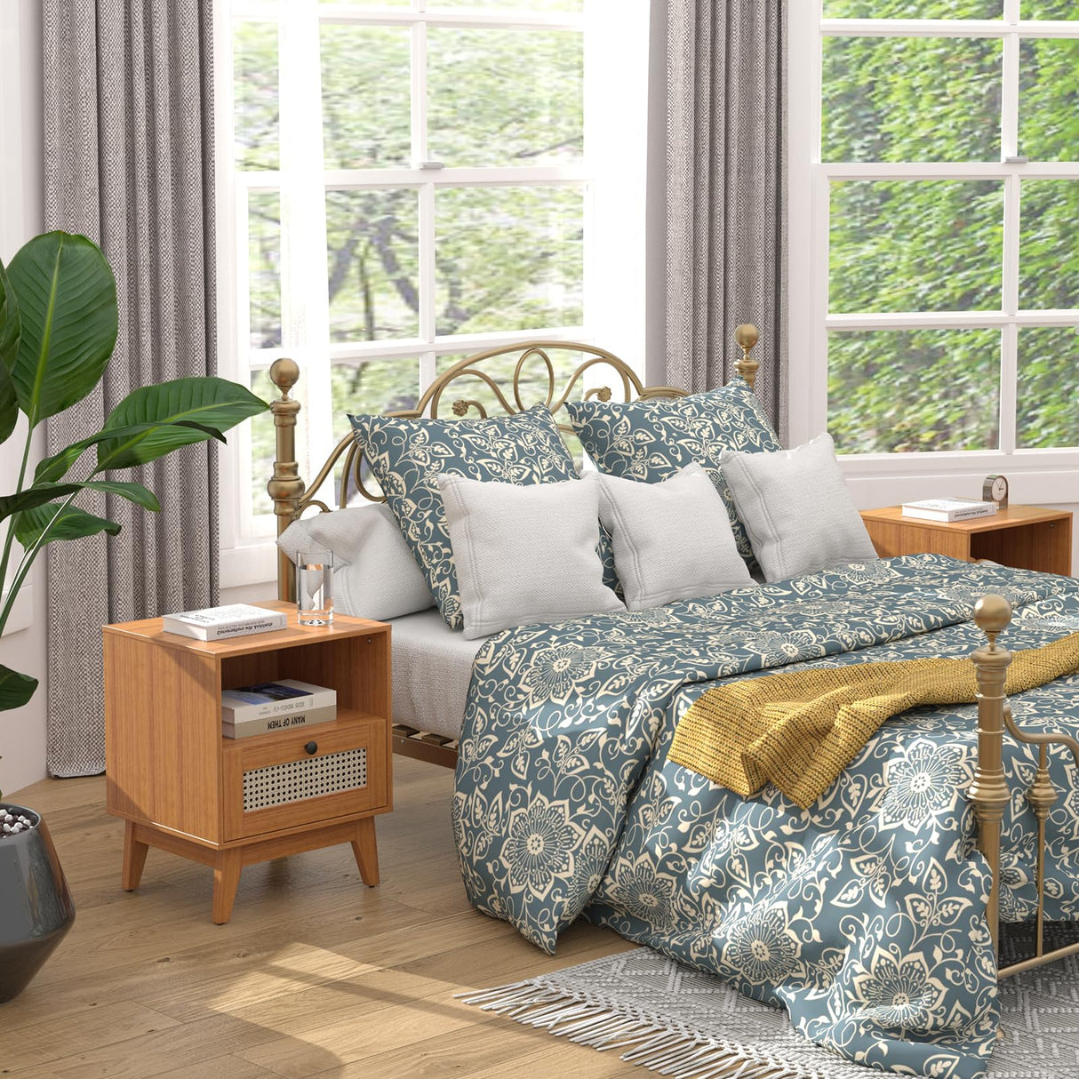 Nightstand Set of 2, Bedside Table with Rattan Drawer and Solid Wood Feet