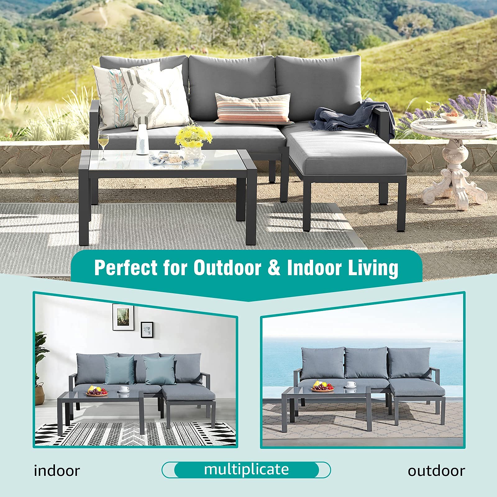 Outdoor Patio Furniture Set with Chaise Lounge, Aluminum Sofa Set for Porch Garden