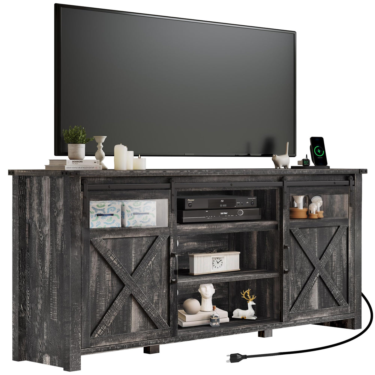 Farmhouse TV Stand for up to 75 Inch TV, Entertainment Center with Storage Cabinet,