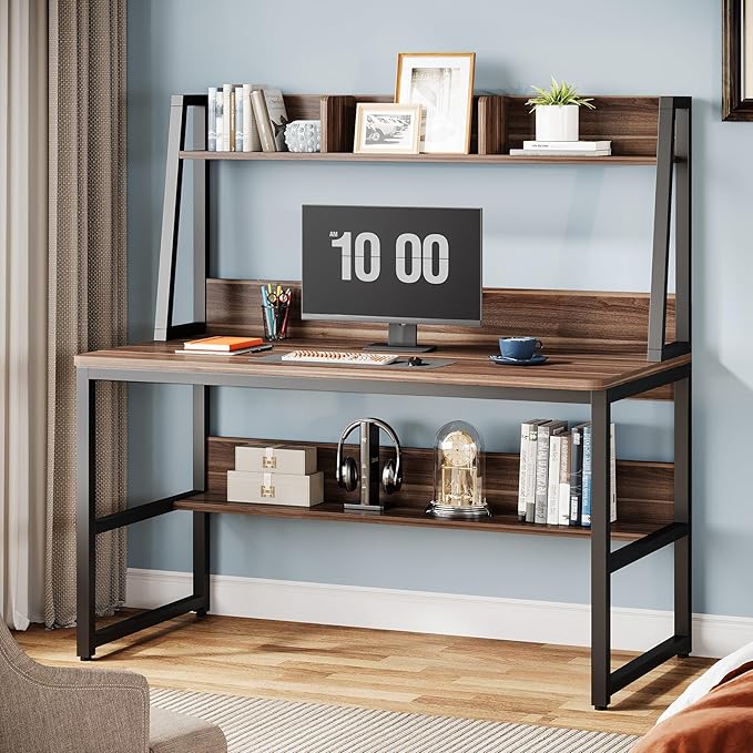 Computer Desk with Hutch, 47 inches Home Office Desk with Space Saving Design with Bookshelf for Small Spaces