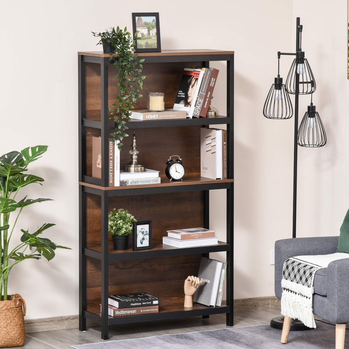Shelves for Storage, 4 Tier Bookshelf Utility Organizer with Back Support and Anti-Topple Design, Walnut/Black