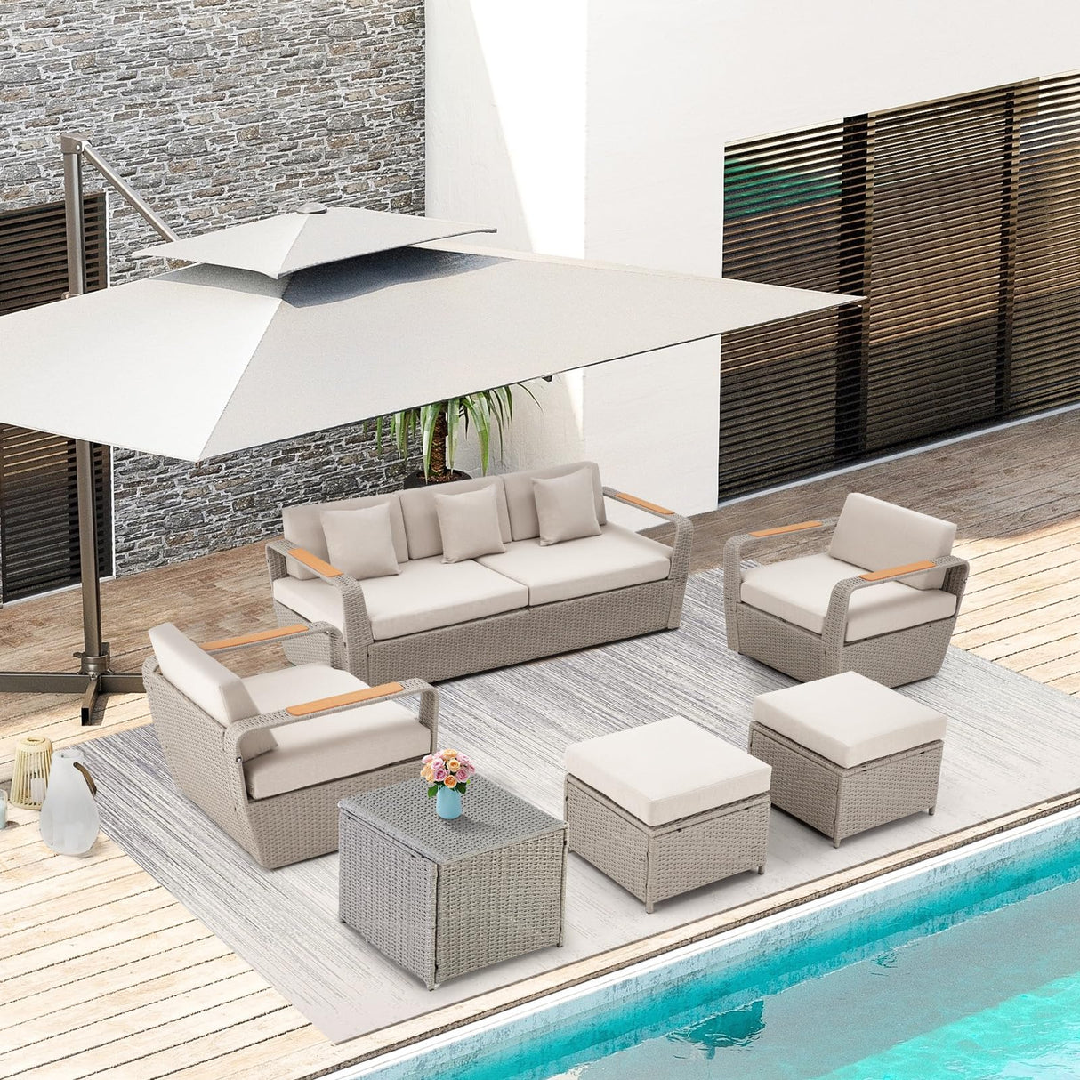 6 Pieces Patio Furniture Set, Outdoor Sectional Conversation Rattan Sofa Set