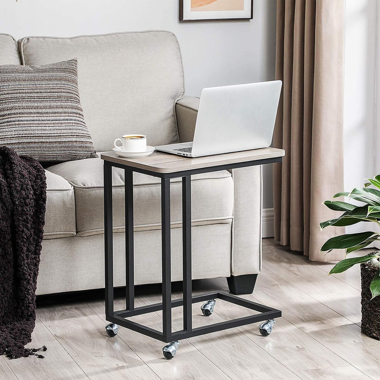 End Table, C Shaped TV Tray with Metal Frame Rolling Casters, Industrial Side Table for Living
