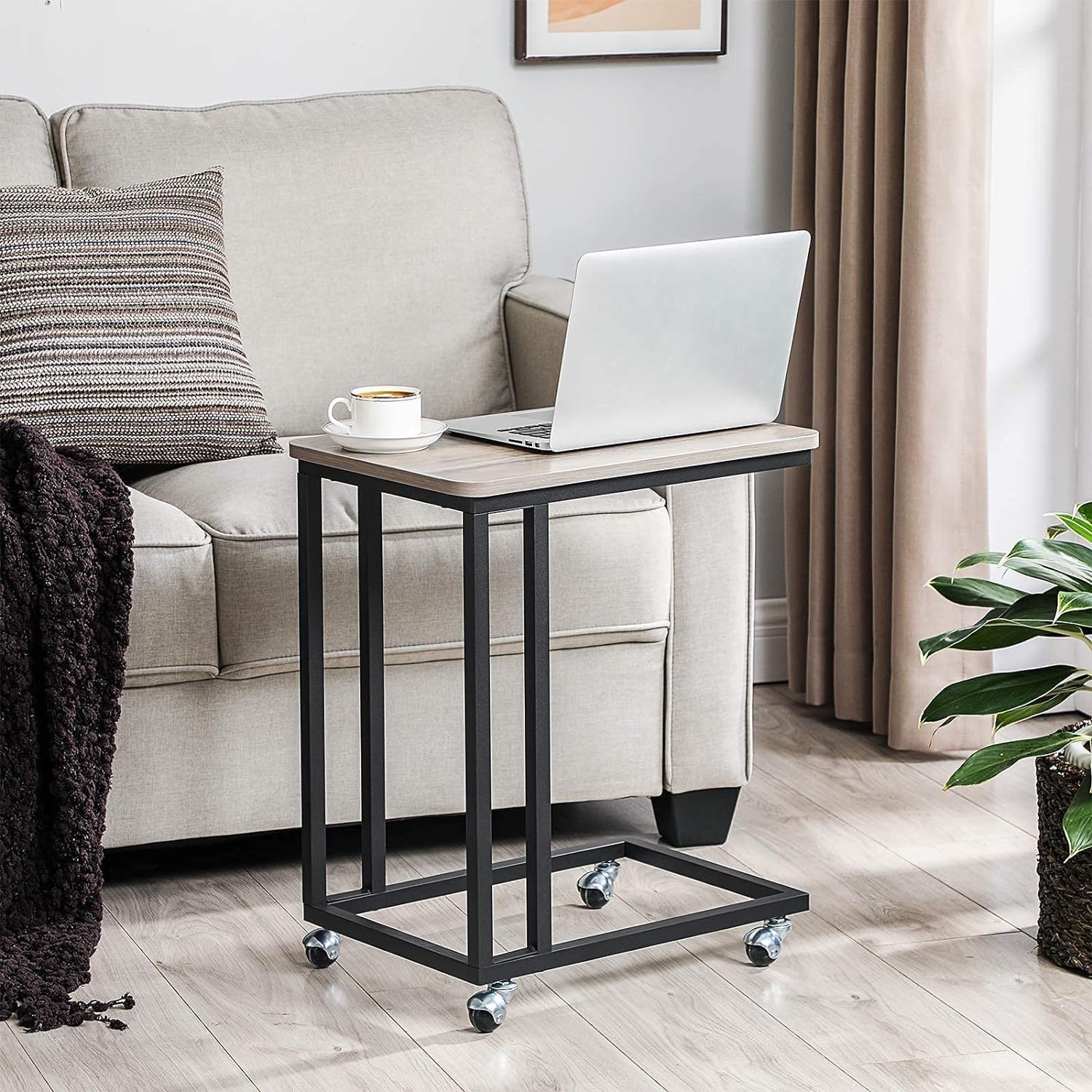 End Table, C Shaped TV Tray with Metal Frame Rolling Casters, Industrial Side Table for Living