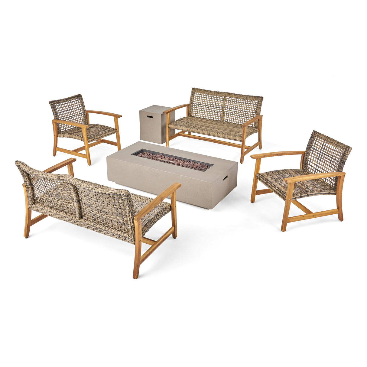 Augusta Outdoor 6 Piece Acacia Wood and Wicker Chat Set with Fire Pit, 52 "W x 31 "D x 31.5 "H