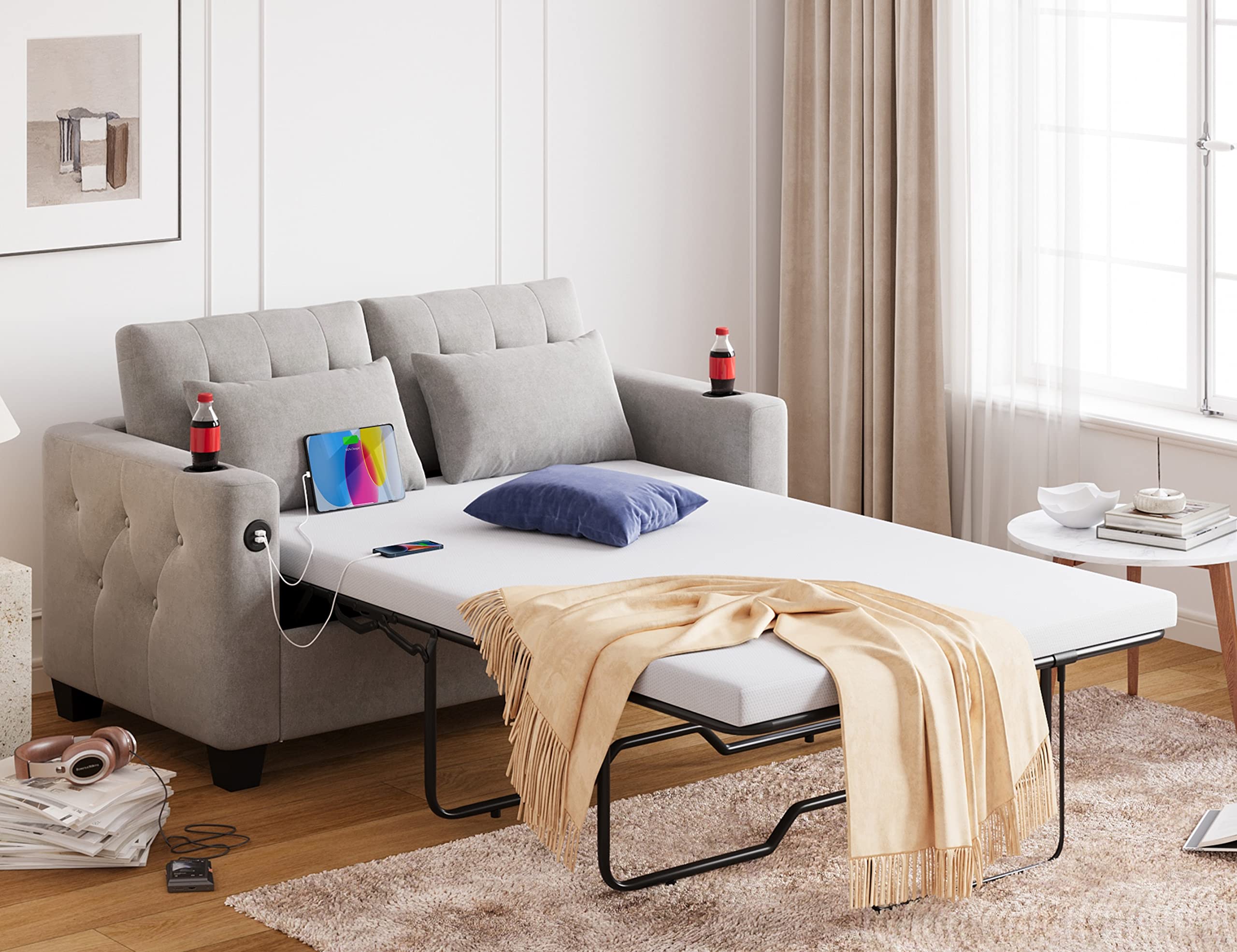 Pull Out Sofa Bed, 2-in-1 Convertible Sleeper Couch with Memory Foam Mattress