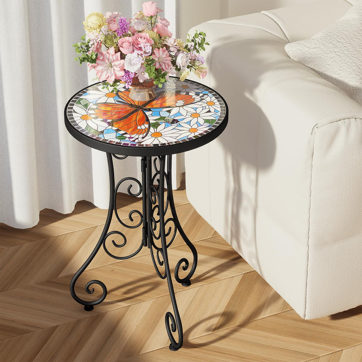 Mosaic Outdoor Side Table, Patio Side Table, Weather Resistant 14" Diameter 21" H Ceramic