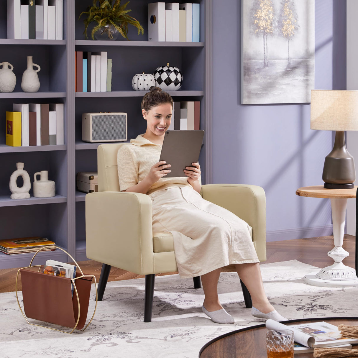 Mid-Century Accent Chairs, PU Leather Modern Upholstered Living Room Chair