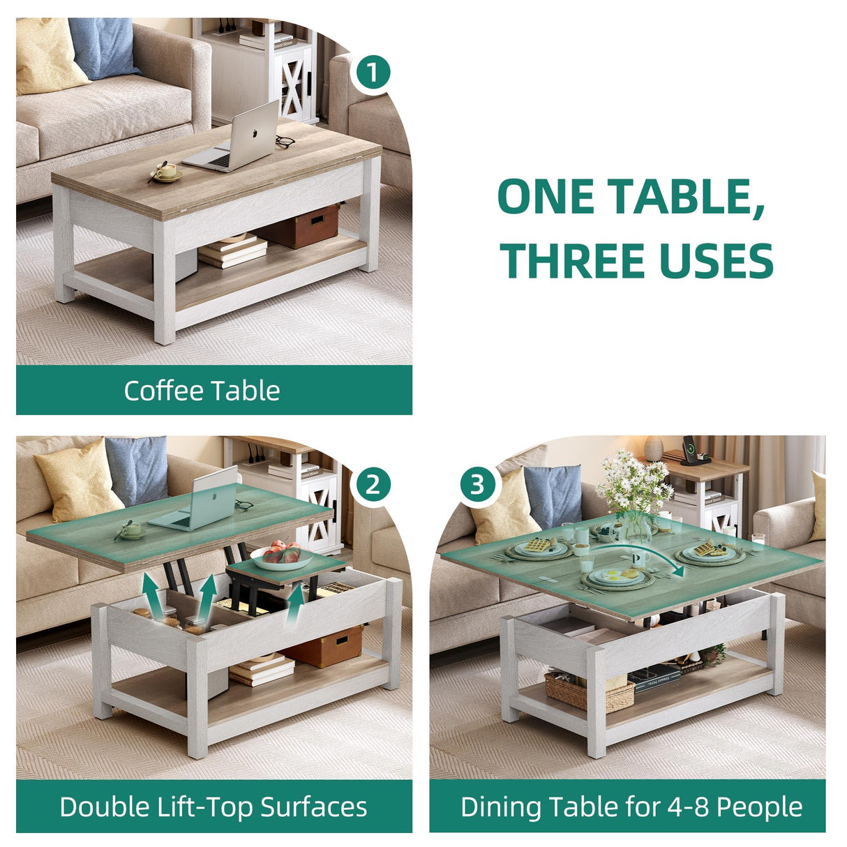 Lift Top Coffee Table, 3 in 1 Multi-Function Coffee Tables with Storage for Living Room