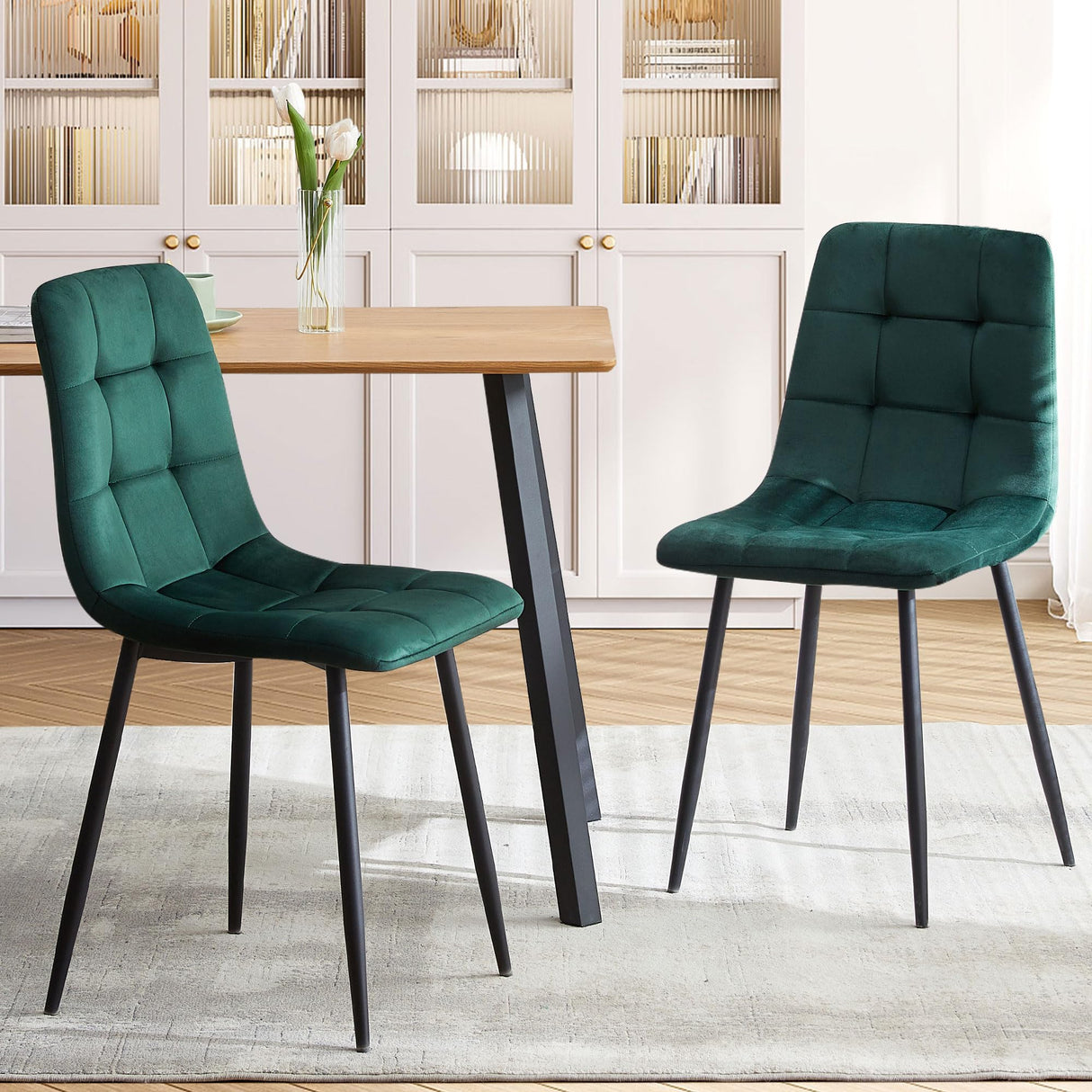 Green Velvet Dining Chairs Set of 4 with Metal Legs
