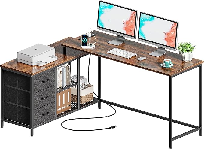 L Shaped Desk with Power Outlets, Computer Desk with Drawers & Shelves