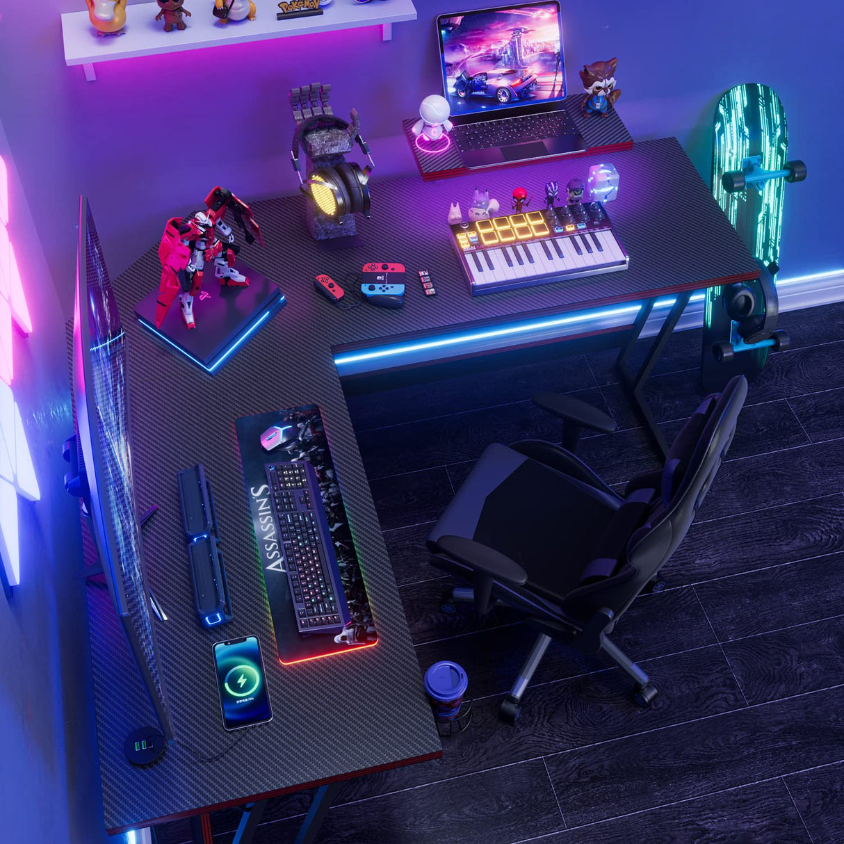 L Shaped Gaming Desk with LED Lights & Power Outlet, Fiber Surface Computer Table