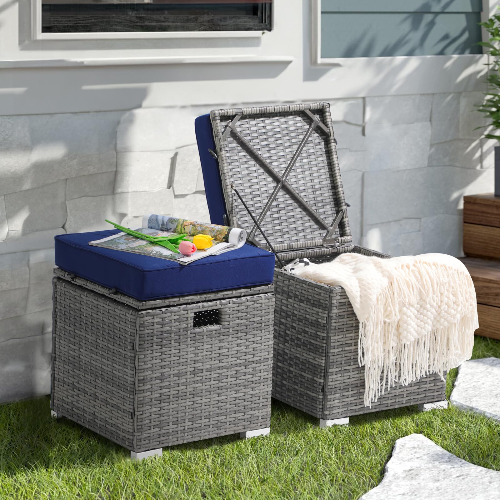 2 Piece Outdoor Patio Ottomans,All-Weather Grey PE Rattan Wicker Ottoman