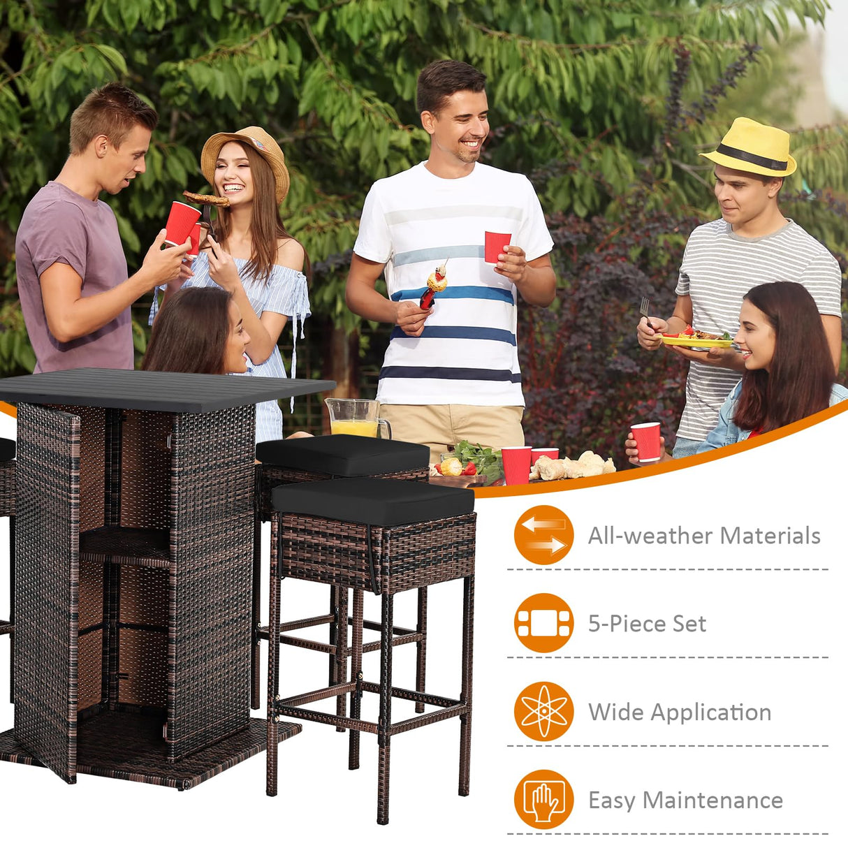 HAPPYGRILL 5 Pieces Rattan Bar Set, Outdoor Wicker Bar Table and 4 Bar Stools, Heavy-Duty Steel Frame, Patio Bar Furniture Set with Cushions, Black